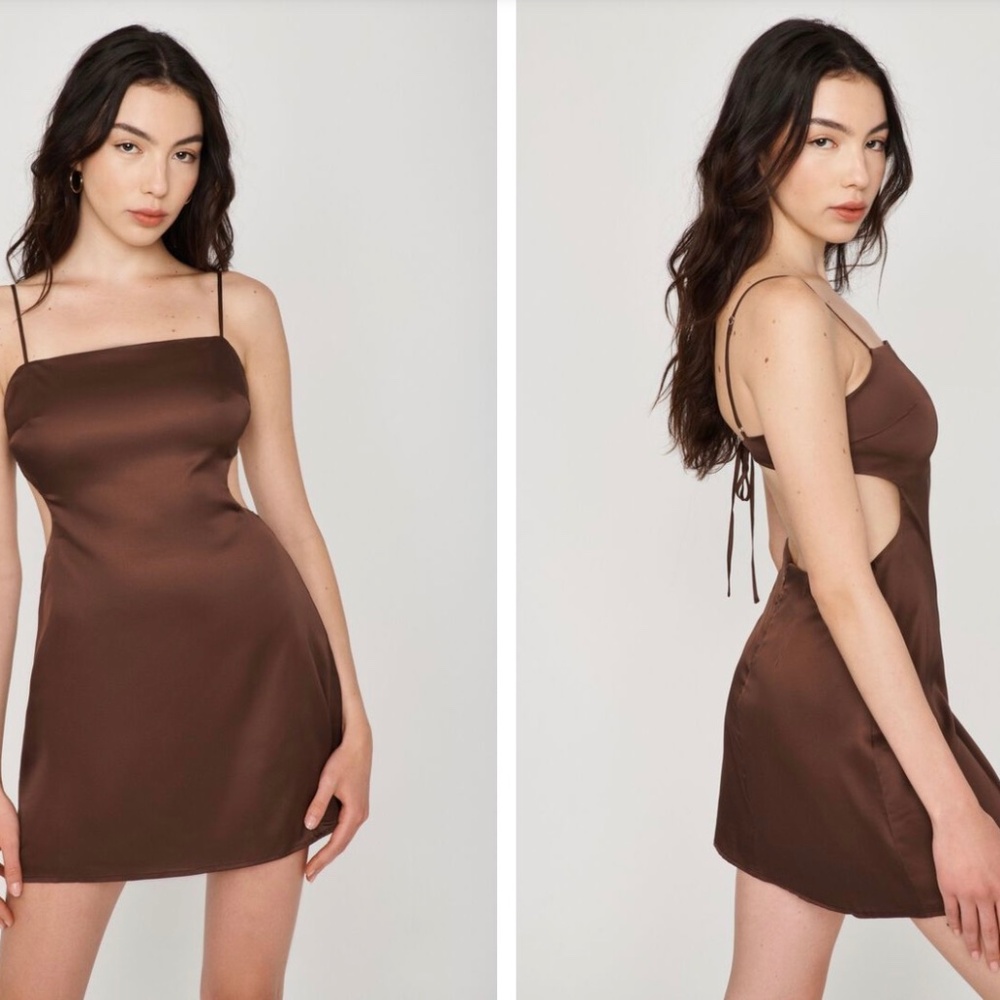 Garage Low Back Satin Dress Brown Small